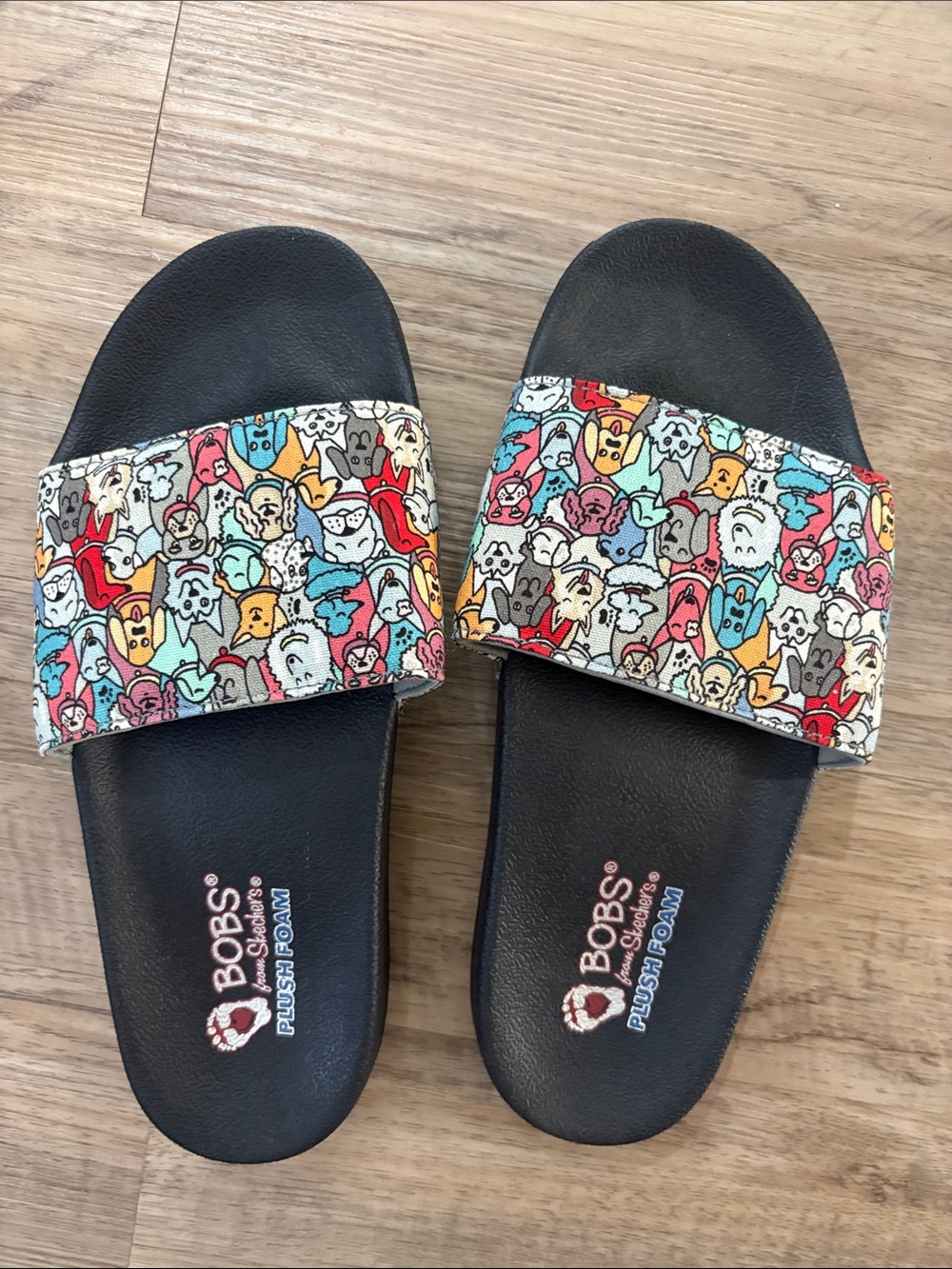 BOBS from Skechers Kids' Black Slides with Colorful Cartoon Strap